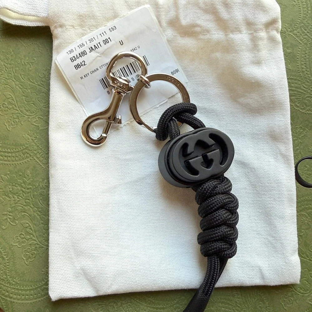 Gucci Black Interlocking G Knotted Cord Keychain Swivel Hook 834480 JAAIT 001